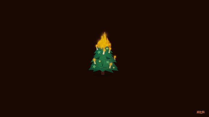 горящая рождественская елка иллюстрация, минимализм, рождество, рождественская елка, огонь, HD обои