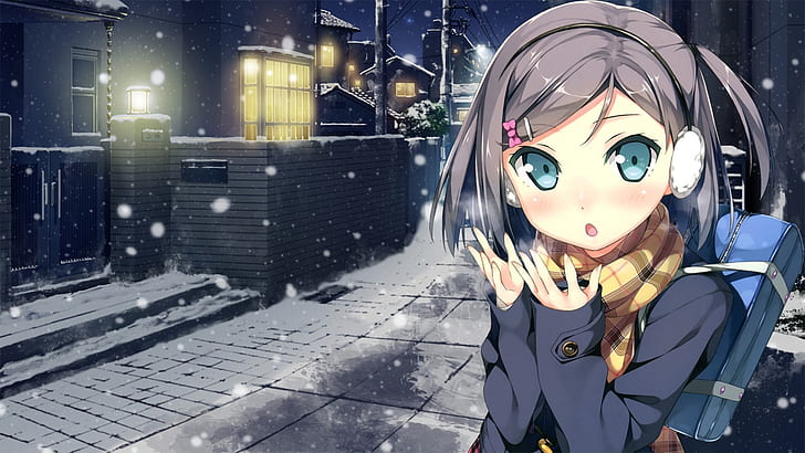 tsutsukakushi tsukiko, henneko, short hair, loli, snow, scarf, school girl, Anime, HD wallpaper