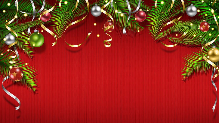 carta da parati, palline, decorazioni, vacanze, Capodanno, Natale rosso, verde e grigio, Sfondo HD