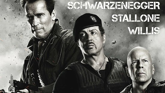 film, Sylvester Stallone, Bruce Willis, Arnold Schwarzenegger, The Expendables, Wallpaper HD HD wallpaper