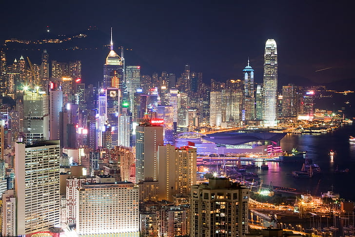 Stadsbyggnad foto under natten, natt, utsikt, stadsbyggnad, foto, stadsbild, stadshorisont, Asien, skyskrapa, centrum, arkitektur, Kina - Östasien, berömd plats, Hong Kong, stadsbild, företag, stad, torn, byggnad Exteriör, modern, byggd struktur, kontorsbyggnad, resor, HD tapet