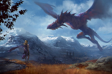 красный дракон и женщина цифровые обои, дракон, фэнтези арт, HD обои HD wallpaper