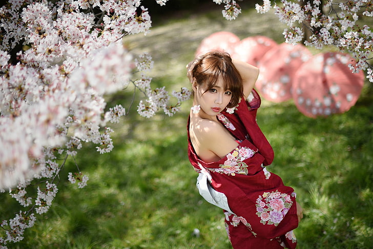 Asian, women, yukata, Japanese umbrella, cherry blossom, HD wallpaper