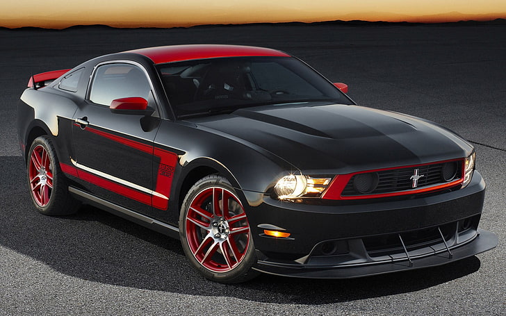 Ford Mustang Coupe negro y rojo, jefe 302, Ford Mustang, muscle cars, coche, Fondo de pantalla HD