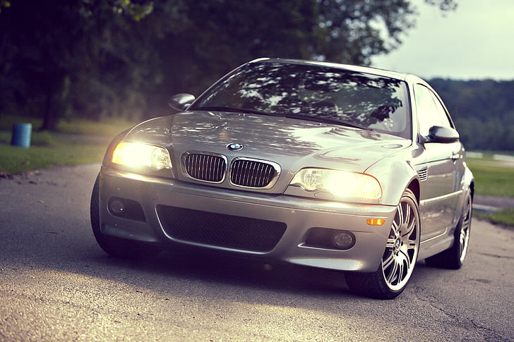 silver BMW E46 coupe, light, lights, cars, auto, Bmw, wallpapers auto, Wallpaper HD, the view from the front, Bmw m3, HD wallpaper