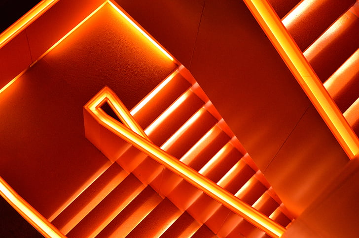 photo of stairs with orange LED light, Stairs, LED, Illumination, Lighting, 5K, HD wallpaper