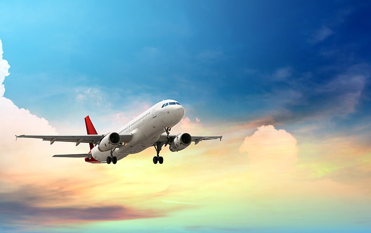 бело-красный самолет, небо, облака, самолет, высота, летит, пассажир, авиалайнер, HD обои