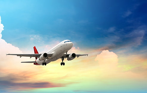 бял и червен самолет, небе, облаци, самолет, височина, мухи, пътник, самолет, HD тапет HD wallpaper