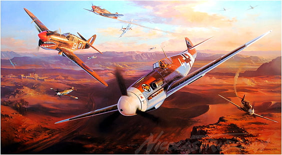 dağlar illüstrasyon, Messerschmitt, Messerschmitt Bf-109, II. Dünya Savaşı, Almanya, askeri, uçak, askeri uçak, Luftwaffe, uçak, kittyhawk, Curtiss P-40 Warhawk üzerinde gökyüzü, HD masaüstü duvar kağıdı HD wallpaper
