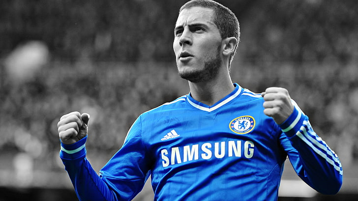 erkek mavi uzun kollu forması gömlek, Eden Hazard, Chelsea FC, seçici boyama, erkekler, futbol, ​​spor, HD masaüstü duvar kağıdı