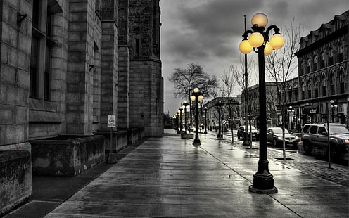 foto de color selectiva de luces de la calle, calle, ciudad, tarde, blanco negro, luces, edificios, hdr, Fondo de pantalla HD HD wallpaper