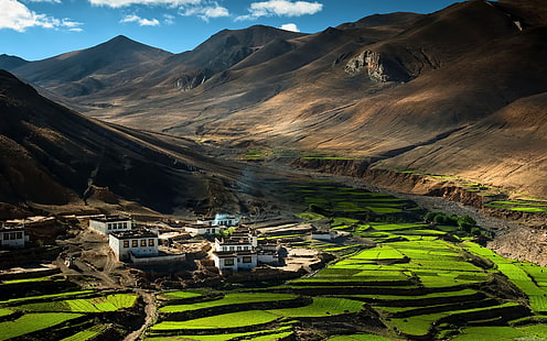 зеленые террасы, китай, тибет, Гималаи, поля, сельское хозяйство, лето, сооружения, HD обои HD wallpaper