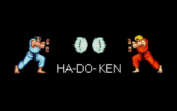 Street Fighter Ha-do-ken Ken and Ryu illustration, Street Fighter, retro games, video games, pixels, Hadouken, HD wallpaper