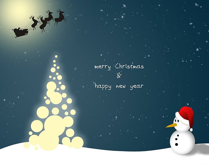 snowman, santa claus, reindeer, flying, year tree, night, christmas, snow, merry christmas and happy new year signage, snowman, santa claus, reindeer, flying, year tree, night, christmas, snow, HD wallpaper