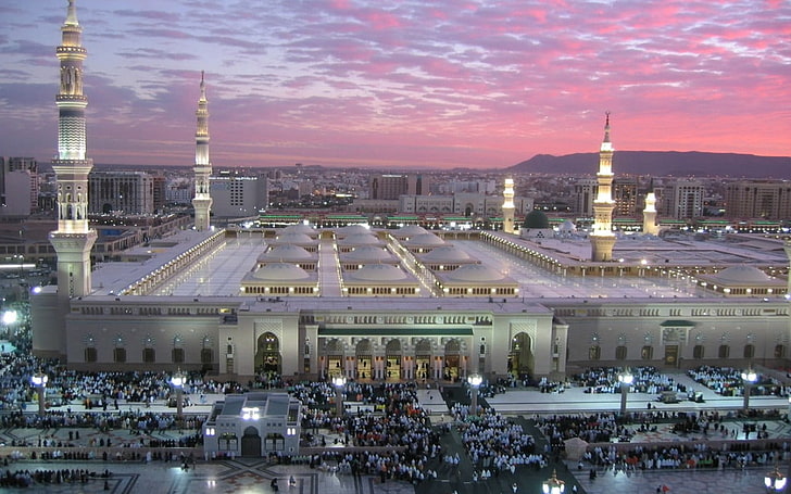 Masjid Madinah Mekah, bangunan putih, Cityscapes, Agama, muslim, masjid, kiblat, Wallpaper HD