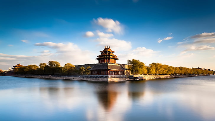 oriental temple and body of water, temple, Beijing, river, landscape, sky, shadow, reflection, long exposure, calm, water, architecture, Asian architecture, HD wallpaper