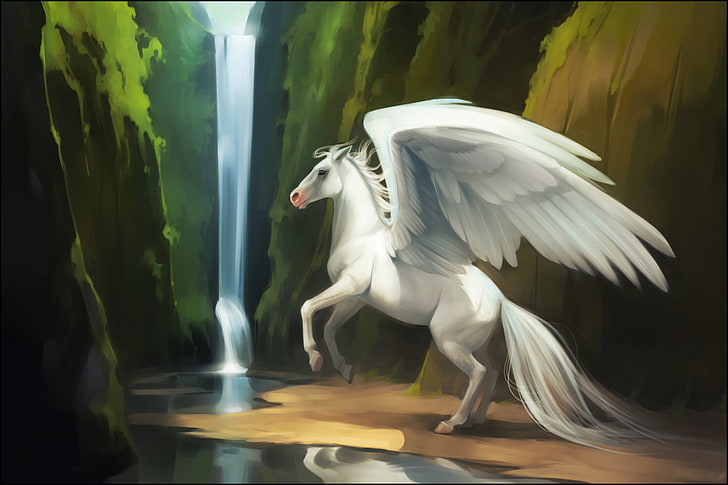 Pegasus illustration, water, river, fiction, horse, waterfall, wings, Pegasus, HD wallpaper