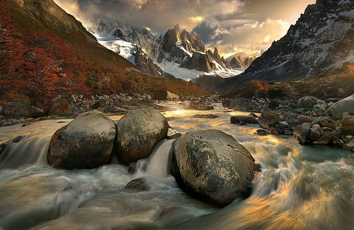 brown and black stone fragment, photography, landscape, nature, morning, sunlight, mountains, river, snow, trees, fall, clouds, long exposure, national park, Argentina, HD wallpaper