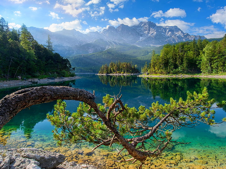 chaîne de montagnes et plan d'eau, lac, Allemagne, forêt, été, montagnes, arbres, eau, nuages, vert, nature, paysage, pins, Fond d'écran HD
