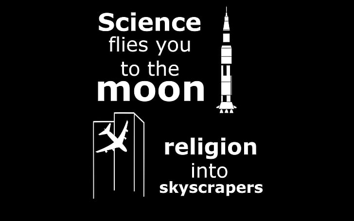 наука летит на луну религия в небоскребы, цитата, религия, минимализм, HD обои