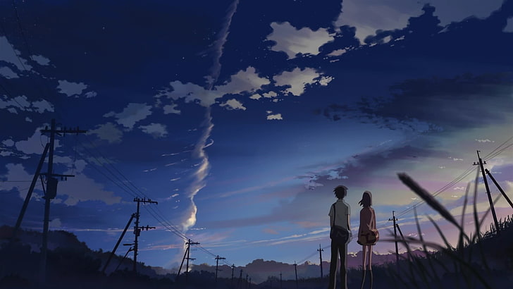 Fondo de pantalla de Your Name, 5 centímetros por segundo, anime, obras de arte, Makoto Shinkai, líneas eléctricas, poste de electricidad, cielo, Fondo de pantalla HD