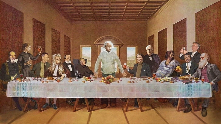 Perjamuan Terakhir yang terkenal, sekelompok orang yang duduk di atas lukisan kursi, lucu, 1920x1080, perjamuan terakhir, albert einstein, stephen hawking, Wallpaper HD