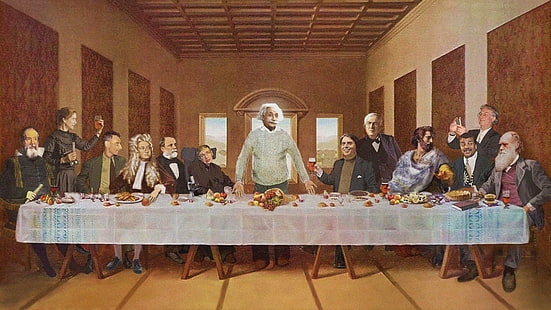 العشاء الأخير الشهير ، مجموعة من الناس جالسين على رسم كرسي ، مضحك ، 1920 × 1080 ، العشاء الأخير ، ألبرت أينشتاين ، ستيفن هوكينغ، خلفية HD HD wallpaper