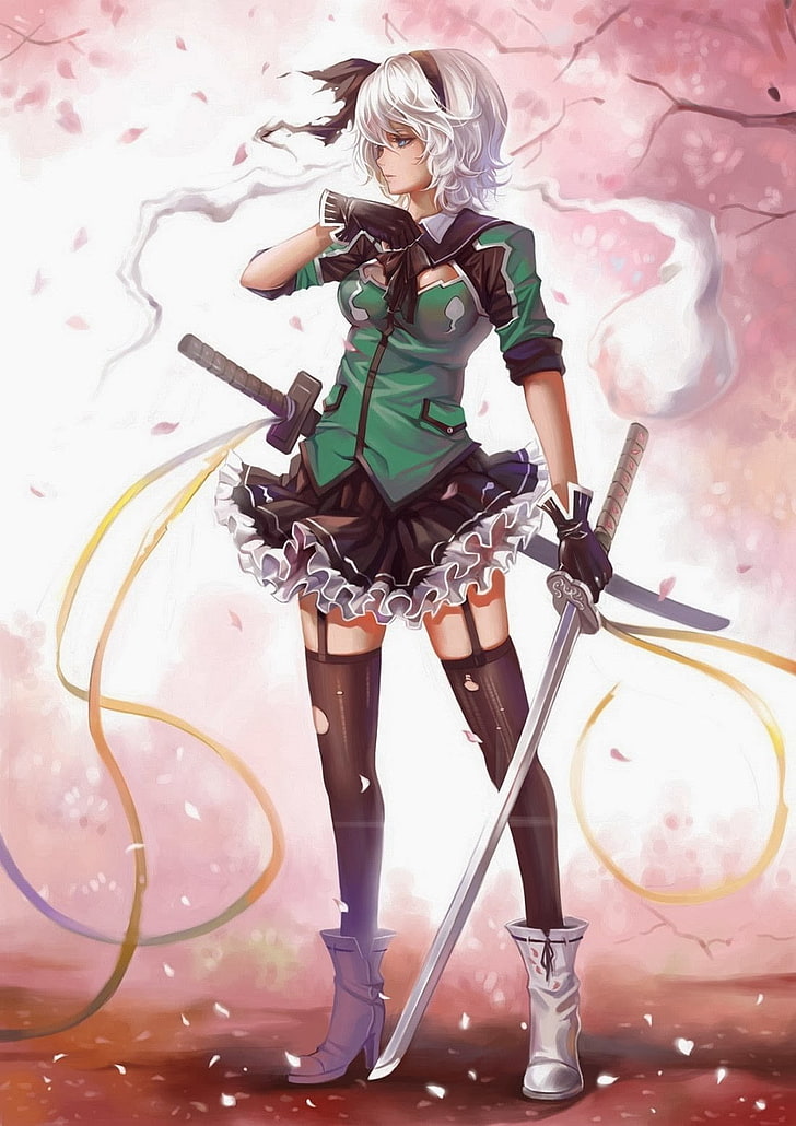 standing gray haired holding sword wallpaper, anime girls, sword, Konpaku Youmu, Touhou, skirt, anime, HD wallpaper