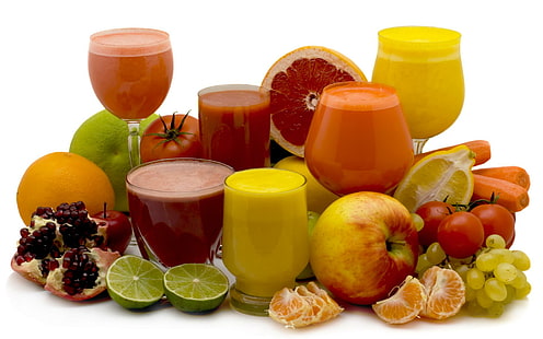 Disposizione di succo di frutta, limone, arancia, succo di frutta, cibo, frutta, mela, 3d e astratto, Sfondo HD HD wallpaper