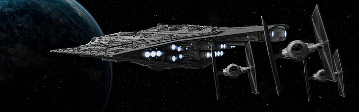ilustracja szarego statku, statek kosmiczny, Star Wars, TIE Fighter, wielokrotny wyświetlacz, Tapety HD