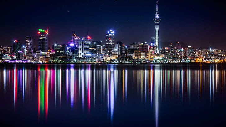 Новая Зеландия, зима, Пано, городской пейзаж, Окленд, отражение, город, горизонт, мегаполис, ночь, огни города, небоскреб, центр города, небо, вода, HD обои