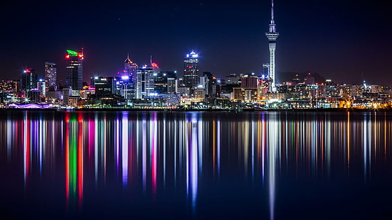 Nya Zeeland, vinter, pano, stadsbild, auckland, reflektion, stad, skyline, metropol, natt, stadsljus, skyskrapa, centrum, himmel, vatten, HD tapet HD wallpaper