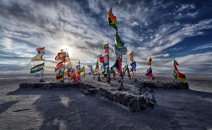 Lac, Salar de uyuni, sel, drapeaux, Bolivie, Fond d'écran HD