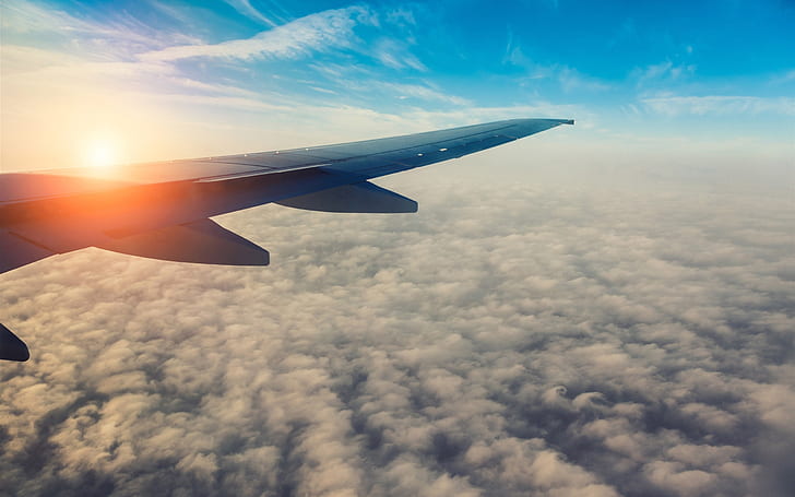 Avião de passageiros, asa de avião, sol, céu, nuvens, Passageiro, avião, aeronaves, asa, sol, céu, nuvens, HD papel de parede