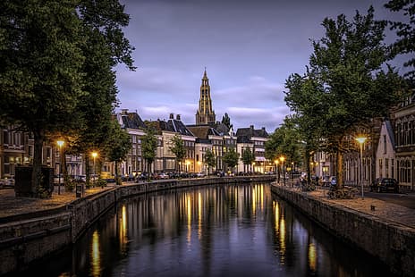 город, здания, дома, вечер, освещение, канал, Нидерланды, Голландия, Гронинген, HD обои HD wallpaper