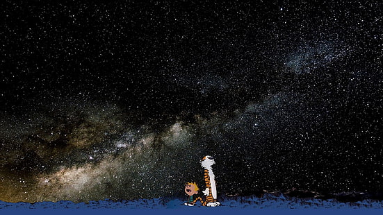 เสือและเด็กกำลังมองหาดวงดาวดิจิตอลวอลล์เปเปอร์, ดาว, เสือ, เด็กชาย, Calvin และ Hobbes, Hobbes, Calvin, วอลล์เปเปอร์ HD HD wallpaper