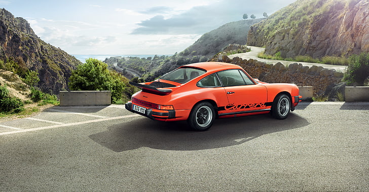 Coupé Porsche naranja, Porsche 911, vista lateral, montañas, Fondo de pantalla HD