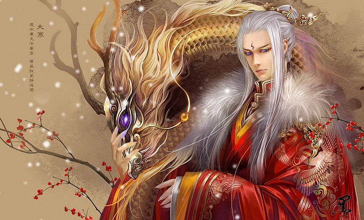 white-haired anime character illustration, berries, dragon, branch, tattoo, art, characters, guy, white hair, feimo, HD wallpaper