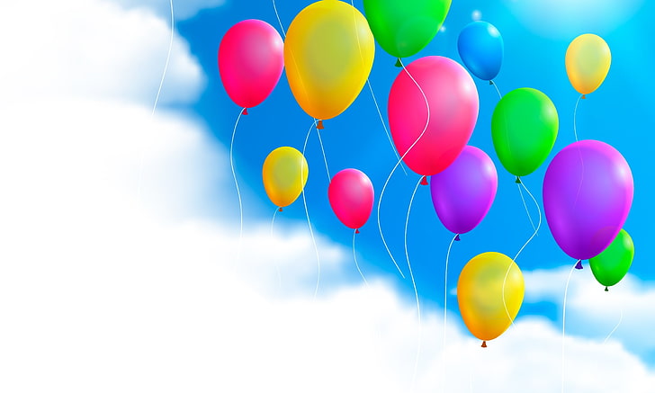 مجموعة متنوعة من البالونات القابلة للنفخ ، السماء ، الغيوم ، الكرات ، الملونة، خلفية HD