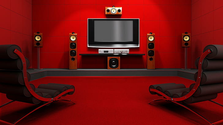 Sala vermelha, televisão de tela plana preto e cinza, casa, interior, sala, luz, linda, animais, HD papel de parede