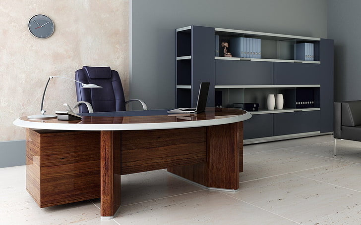 meja kantor kayu coklat, kamar, kantor, meja, kursi, rak, Wallpaper HD