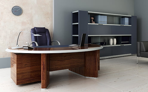 коричневый деревянный офисный стол, комната, кабинет, письменный стол, стул, полки, HD обои HD wallpaper