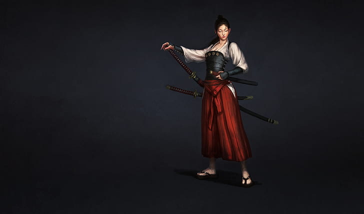 女の子 日本 アート スタイル サムライ ミニマリズム 刀 剣