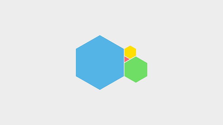 Illustration mit drei blauen, grünen und gelben Hexagonen, digitale Kunst, Minimalismus, einfacher, einfacher Hintergrund, Geometrie, Hexagon, Dreieck, weißer Hintergrund, HD-Hintergrundbild