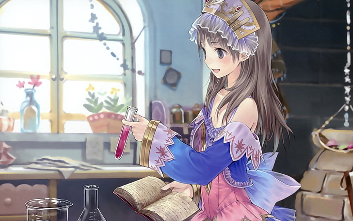 brązowowłosa postać z anime trzymająca książkę tapeta, dziewczyna, zabawa, uśmiech, tuba, książka, doświadczenie, Tapety HD