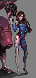 Overwatch персонаж цифровые обои, аниме, аниме девушки, Overwatch, D.Va (Overwatch), пистолет, мех, длинные волосы, брюнетка, карие глаза, оружие, боди, наушники, HD обои HD wallpaper