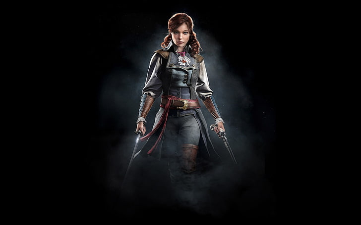 Filmfigur Illustration, Assassin's Creed: Einheit, Elise (Assassin's Creed: Einheit), Pistole, Videospiele, Schwert, HD-Hintergrundbild