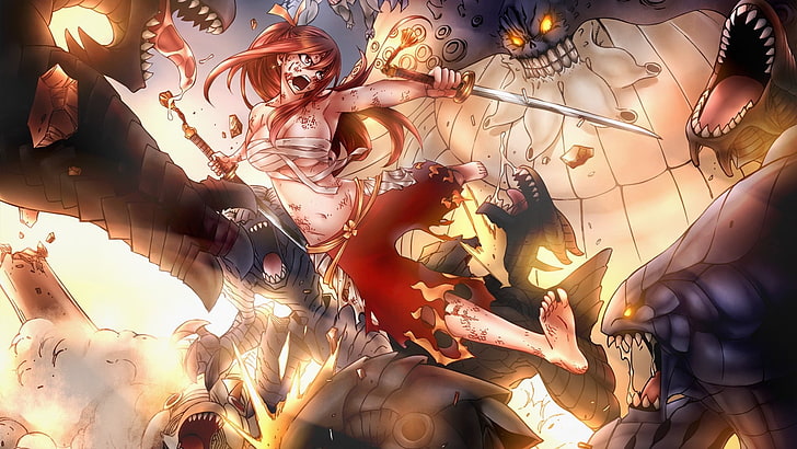 Erza Scarlet Vs 100 Monster, Fairy Tail, Scarlet Erza, tanpa alas kaki, Wallpaper HD