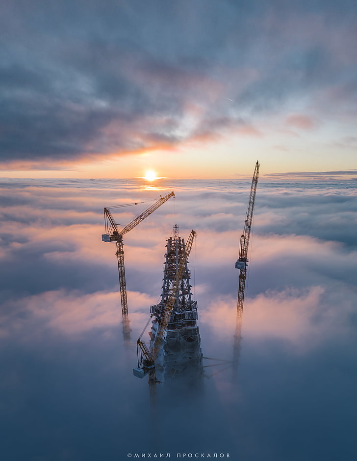 clouds, Construction Site, Cranes (machine), sky, HD wallpaper
