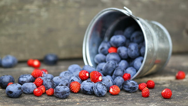 Bucket of fruit, blueberry and raspberry lot, photography, 1920x1080, plum, strawberry, HD wallpaper